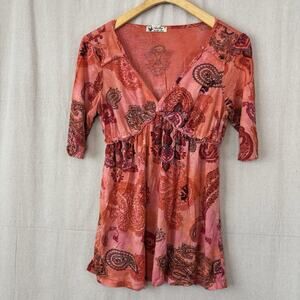 Unity World Wear‎ Top Women Medium Orange Pink Paisley Baby Doll Boho Hippie Y2K